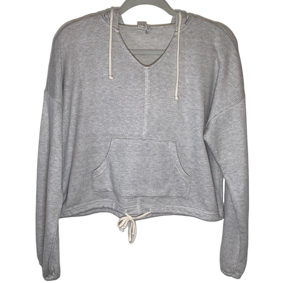 Paper Crane cropped gray and white micro striped popover hoodie Sz M - Picture 1 of 6